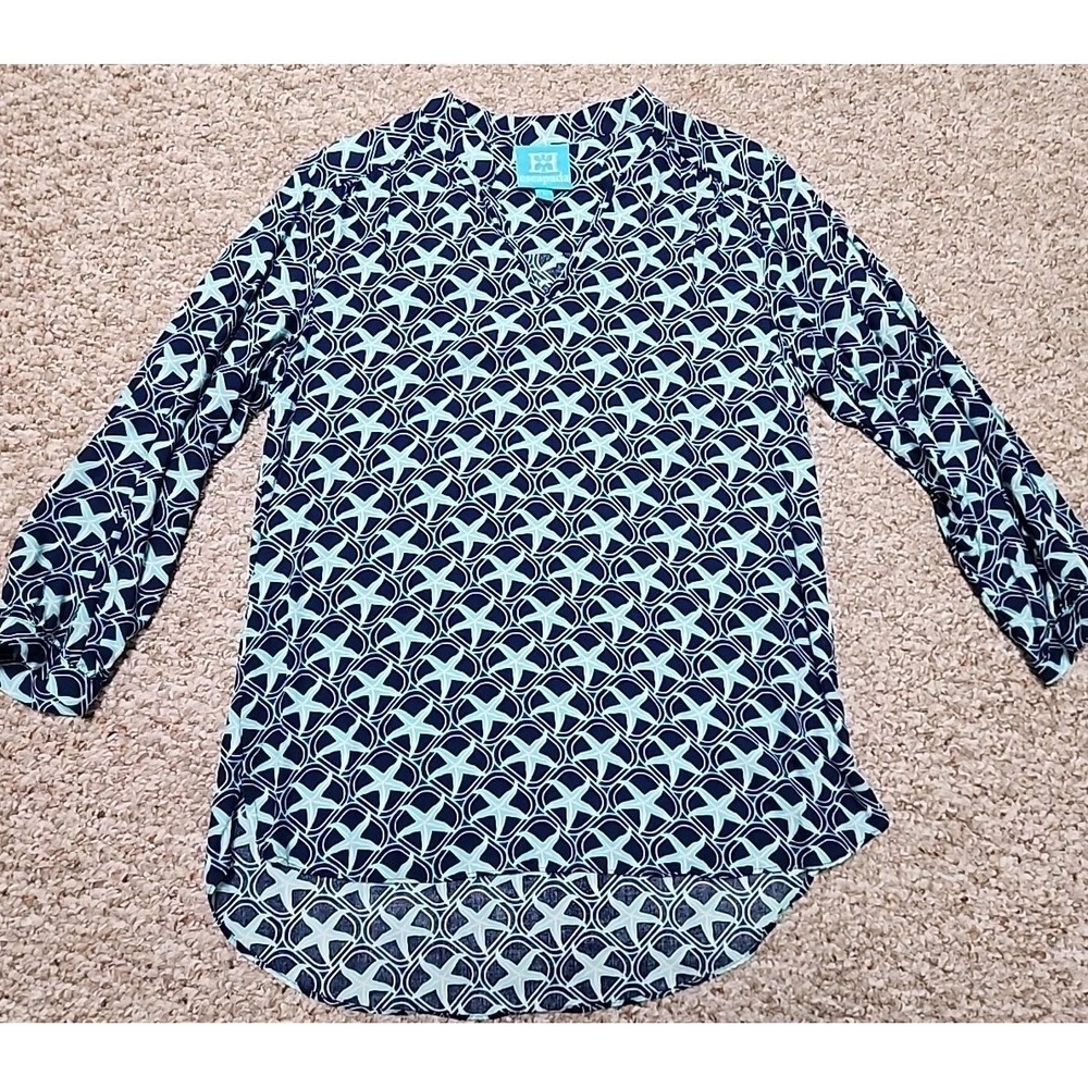 Escapada Living Navy Aqua Starfish Tunic Top 3/4 Sleeve Rayon Blouse Large